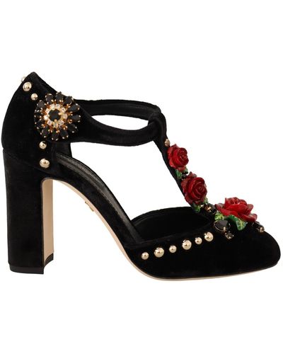 Dolce & Gabbana Mary Jane Pumps Roses Crystals Shoes - Black