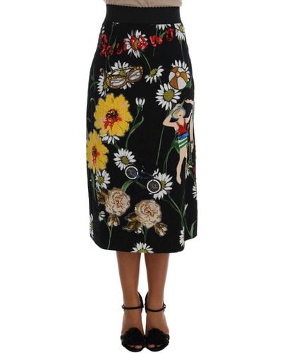 Dolce & Gabbana Black Embellished Daisy Brocade Skirt