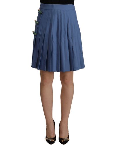 Dolce & Gabbana Elegant Pleated A-Line Mini Skirt With Bird Appliques - Blue