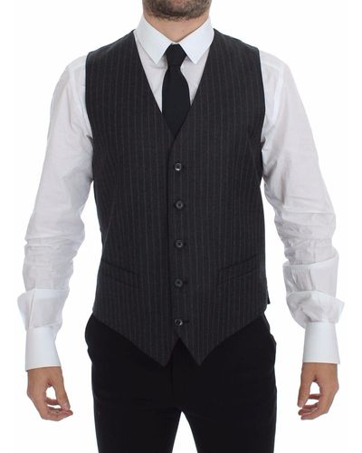 Dolce & Gabbana Dolce Gabbana Striped Wool Logo Vest - Black