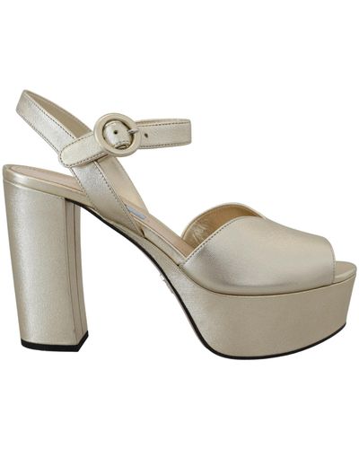 Prada Elegant Leather Block Heel Sandals - Metallic