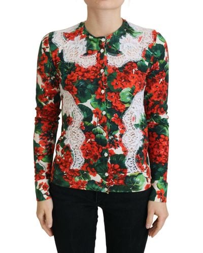 Dolce & Gabbana Wool Floral Cardigan Sweater - Red