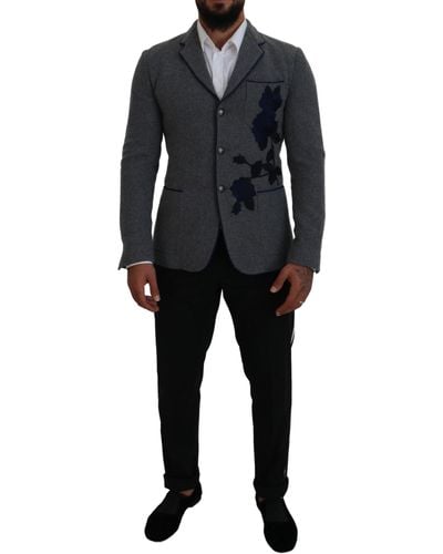 Dolce & Gabbana Gray Wool Roses Slim Fit Jacket Blazer - Black