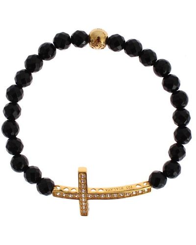 Nialaya Agate Stone Gold Cz Cross 925 Silver Bracelet - Black