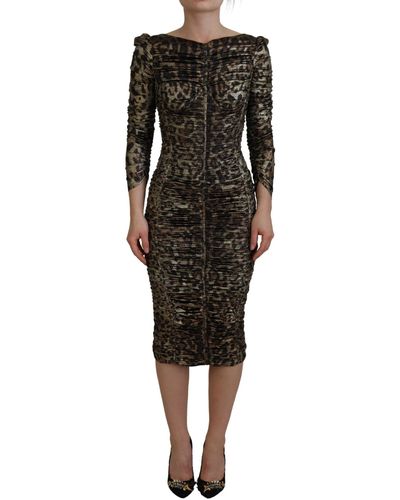 Dolce & Gabbana Elegant Leopard Print Midi Bodycon Dress - Black
