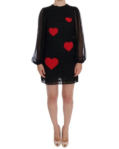 Dolce & Gabbana Lace Red Heart Shift Dress - Black