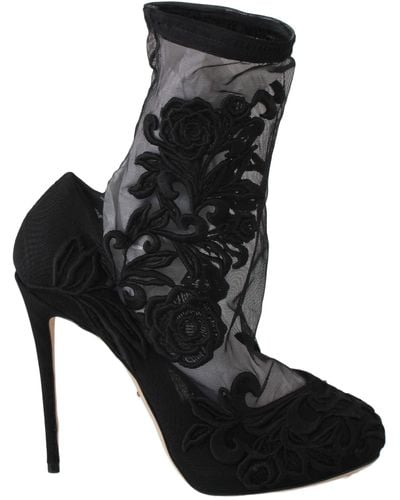 Dolce & Gabbana Dolce Gabbana Black Roses Stilettos Booties Socks Shoes