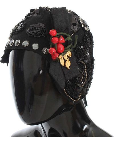 Dolce & Gabbana Crystal Gold Cherries Brooch Hat - Black