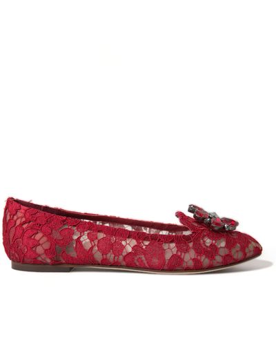 Dolce & Gabbana Vally Taormina Lace Crystals Flats Shoes - Red