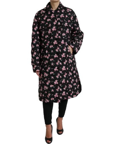 Dolce & Gabbana Floral Collared Trench Coat Jacket - Black
