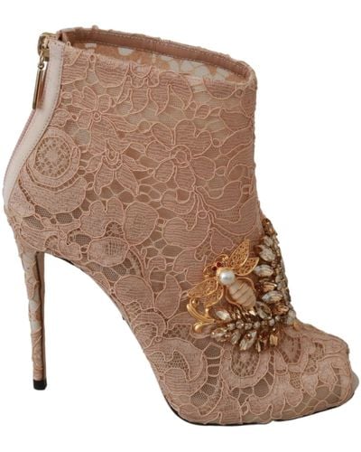 Dolce & Gabbana Pink Crystal Lace Booties Stilettos Shoes - Black