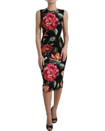 Dolce & Gabbana Black Floral Print Silk Sheath Midi Dress - Red