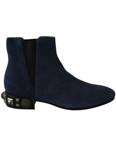 Dolce & Gabbana Suede Embellished Studded Boots Shoes - Blue