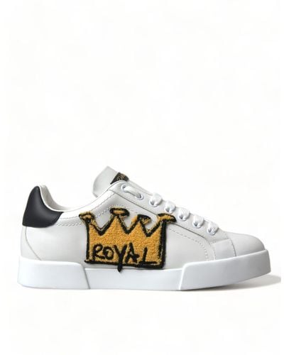Dolce & Gabbana White Crown Portofino Leather Sneakers Shoes - Metallic