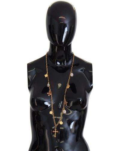 Dolce & Gabbana Gold Tone Brass Chain Religious Cross Pendant Necklace - Black