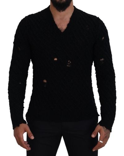 Dolce & Gabbana Wool V-neck Knitted Pullover Sweater - Black