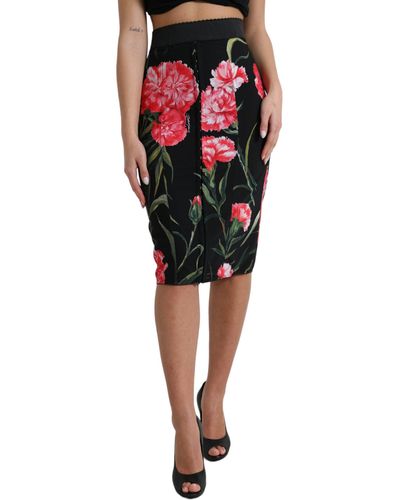 Dolce & Gabbana Black Carnation Pencil Cut Knee Length Skirt