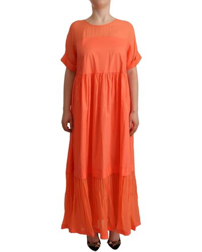 Twin Set Coral Cotton Blend Short Sleeves Maxi Shift Dress - Orange