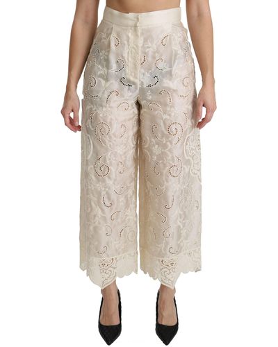 Dolce & Gabbana Lace High Waist Palazzo Cropped Pants - Natural