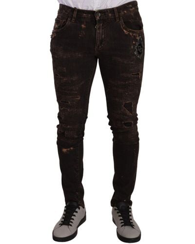 Dolce & Gabbana Brown Distressed Slim Fit Skinny Denim Jeans - Black