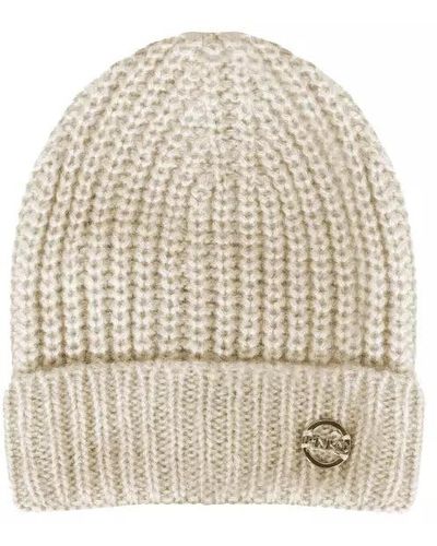 Pinko Cream Ribbed Beanie With Metal Logo Accent - Natural
