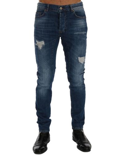 Frankie Morello Wash Torn Dundee Slim Fit Jeans - Blue