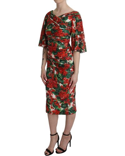 Dolce & Gabbana Red Floral Sheath Midi Silk Stretch Dress - Black