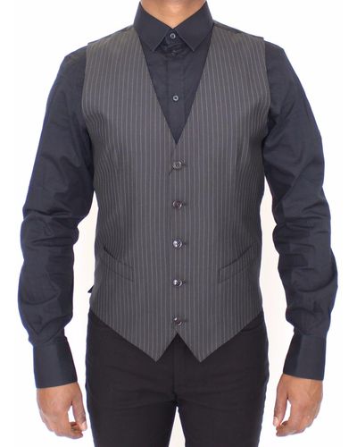 Dolce & Gabbana Gray Striped Wool Silk Dress Vest Gilet - Blue