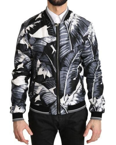 Dolce & Gabbana Black Silk Banana Leaf Print Bomber Jacket