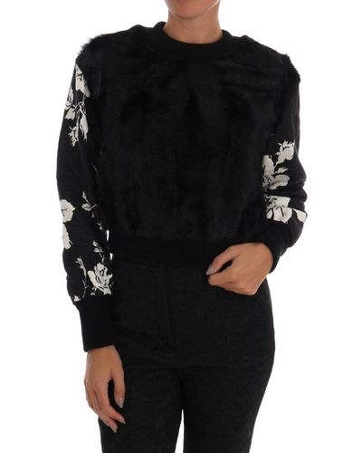 Dolce & Gabbana Fur Floral Brocade Zipper Sweater - Black