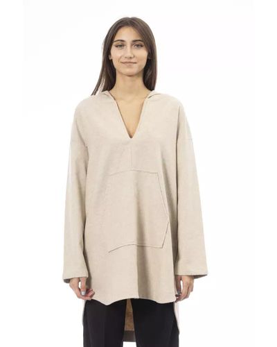 Alpha Studio Wool-blend Hooded V-neck Long Sweater - Natural
