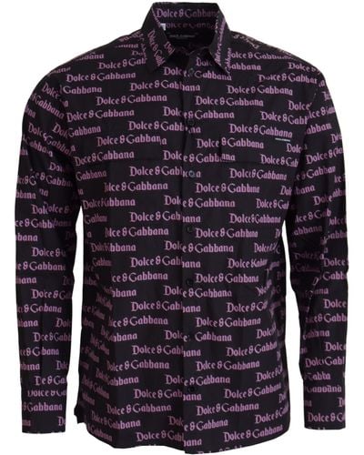 Dolce & Gabbana Purple Logo Slim Dress Formal Shirt - Blue