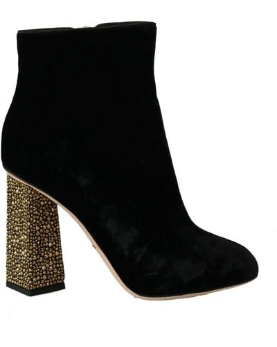 Dolce & Gabbana Velvet Crystal Square Heels Shoes - Black