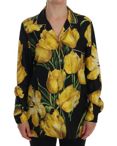 Dolce & Gabbana Black Yellow Floral Long Sleeves Pajama Shirt Top