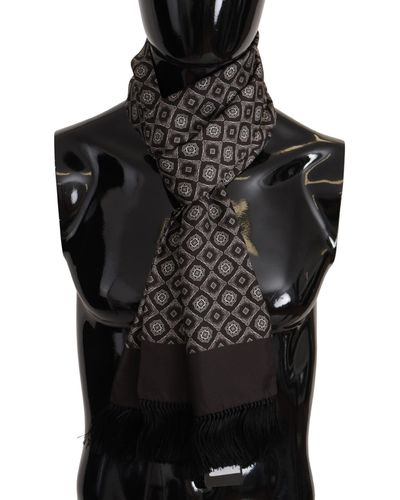 Dolce & Gabbana Black Silk Geometric Logo Print Shawl Fringe Scarf