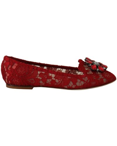 Dolce & Gabbana Radiant Lace Ballet Flats With Crystal Buckle - Red