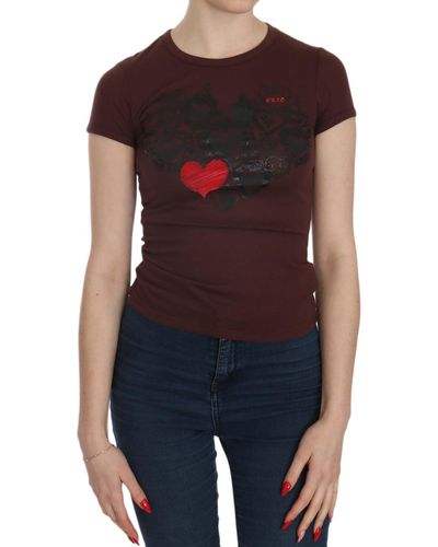 Exte Hearts Short Sleeve Casual T-shirt Top - Brown