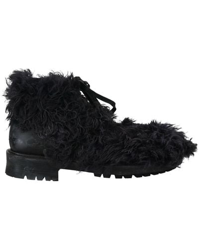 Dolce & Gabbana Leather Combat Shearling Boots Shoes - Black