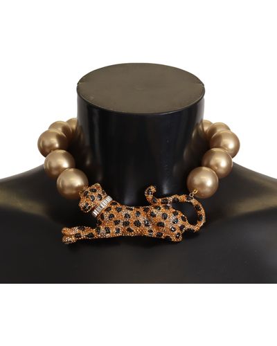 Dolce & Gabbana Gold Brass Chain Crystal Pearl Leopard Pendant Necklace - Black