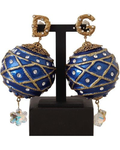Dolce & Gabbana Gold Brass Christmas Ball Crystal Clip On Earrings - Blue