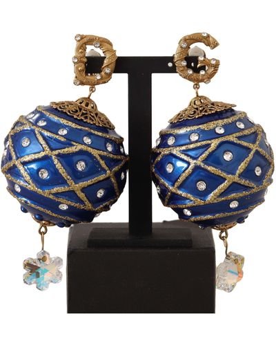 Dolce & Gabbana Gold Brass Christmas Ball Crystal Clip On Earrings - Blue