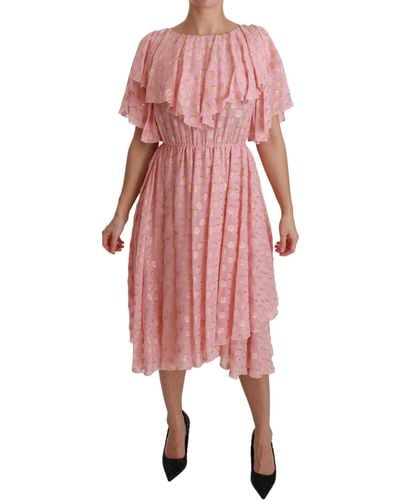 Dolce & Gabbana Silk Pink Polka Dots Pleated Line Midi Dress