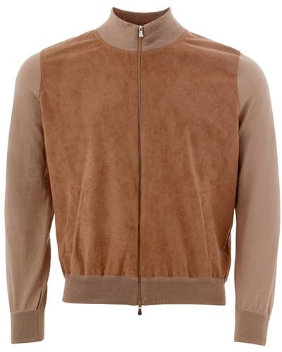 Gran Sasso Alcantara And Cotton Full Zip Sweater - Brown