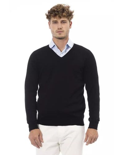 Alpha Studio Elegant V-neck Sweater With Luxe Blend Of Fabrics - Black