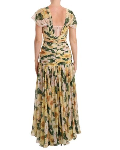 Dolce & Gabbana Floral Elegance Silk Pleated Maxi Dress - Natural