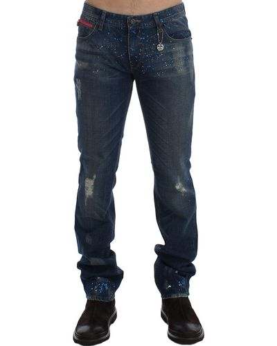 CoSTUME NATIONAL Blue Wash Paint Slim Fit Pants Jeans