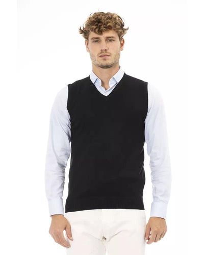 Alpha Studio Elegant V-neck Fine Rib Knit Vest In - Black