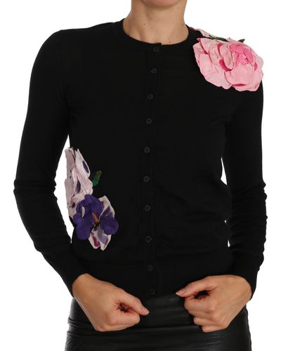 Dolce & Gabbana Black Cashmere Cardigan Floral Sweater