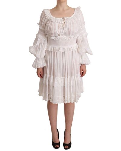 Dolce & Gabbana Cotton Frilled Mousseline Off Shoulder Dress - White