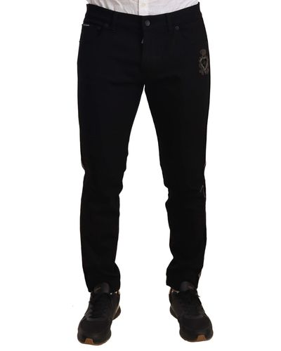 Dolce & Gabbana Heraldic Embroidered Slim Fit Jeans - Black